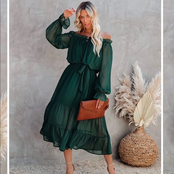 NWT VICI PEACEKEEPER OFF THE SHOULDER MIDI DRESS - HUNTER GREEN size XS